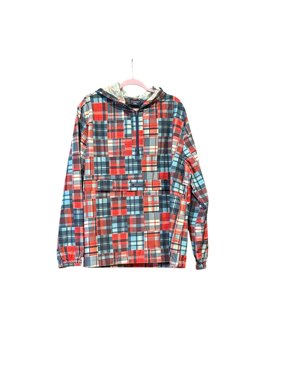 Crown & Ivy plaid patchwork quarter zip rain jacket. TR 1